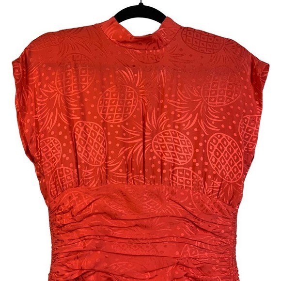 LIZ CLAIBORNE Vintage Red Silk Pineapple Print Ruched Midi Dress - Picture 2 of 14